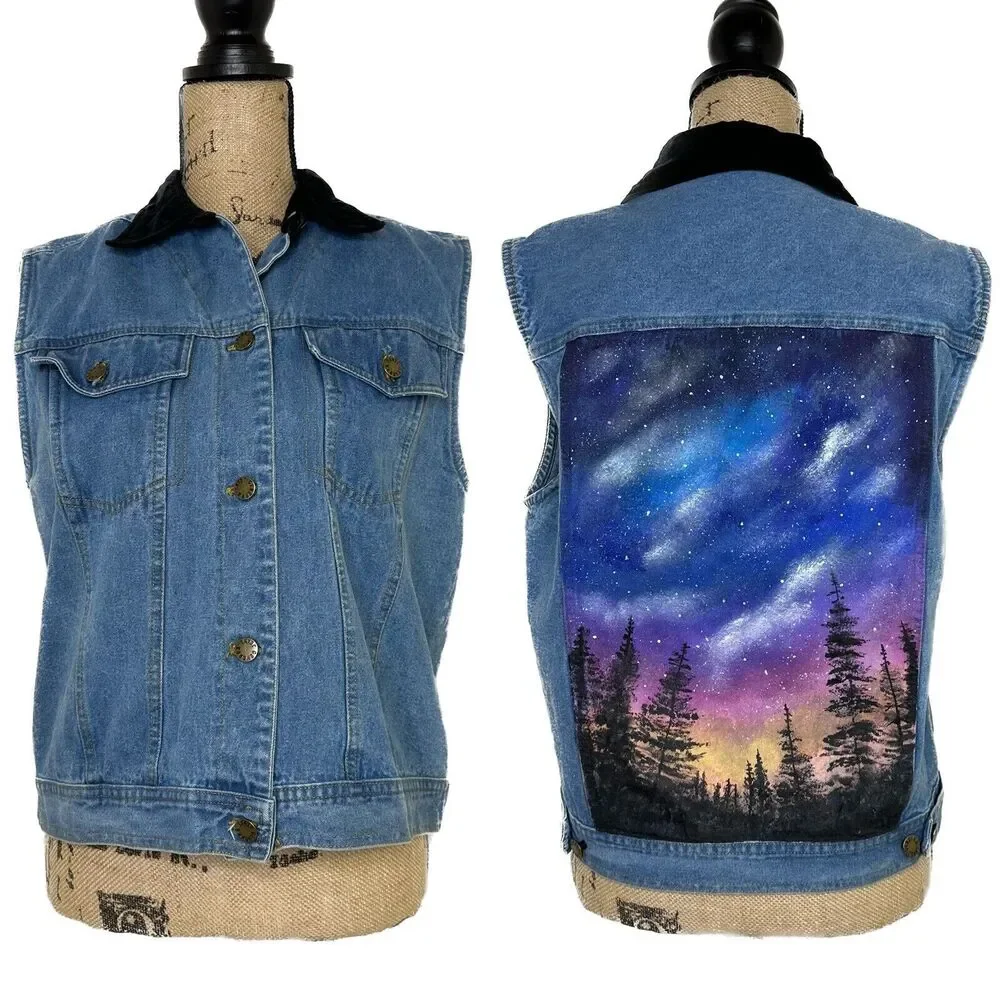 Vintage Hand Painted Denim Vest Womens Size M Forest‎ Stars Generra Art To Wear